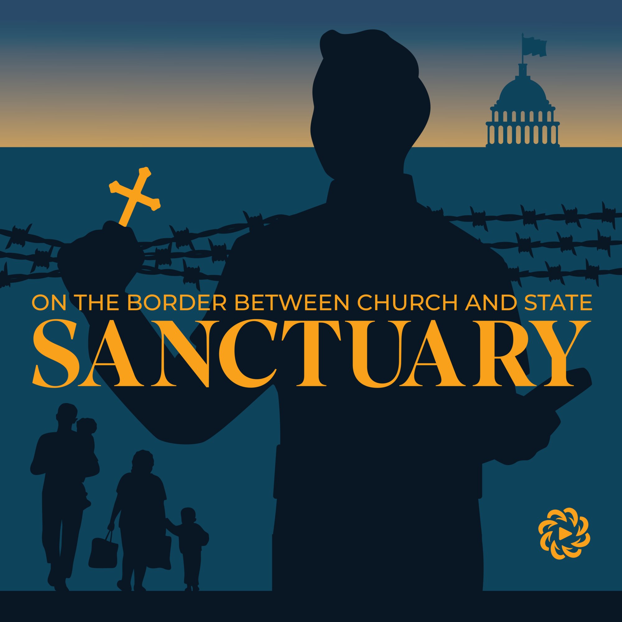 Clip art style of man holding catholic cross and capital building in the background and text - On the Border between church and state