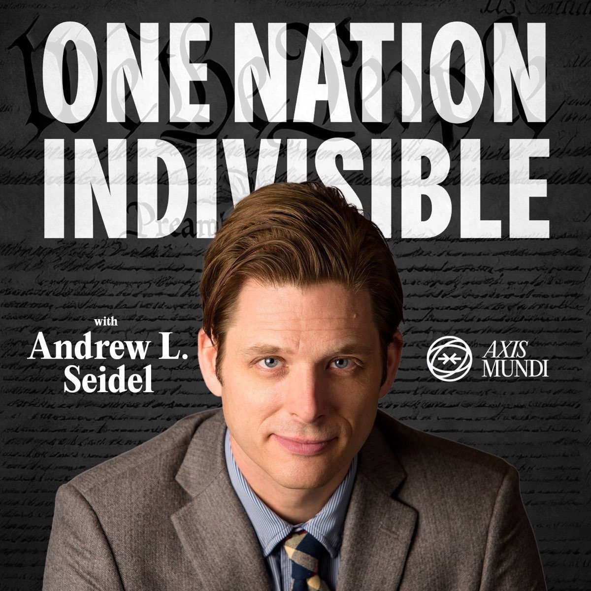 Headshot of Andrew Seidel with constitution writing and text - One Nation Indivisible